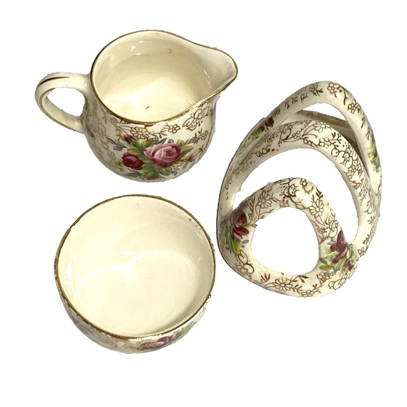 Vintage James Kent Chintz Longton Trellis June Roses Cream Sugar Toast Rack Set - Picture 9 of 9